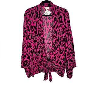 Umgee Oversized Boho Fringe Fuchsia Animal Print Tie Waist Wrap